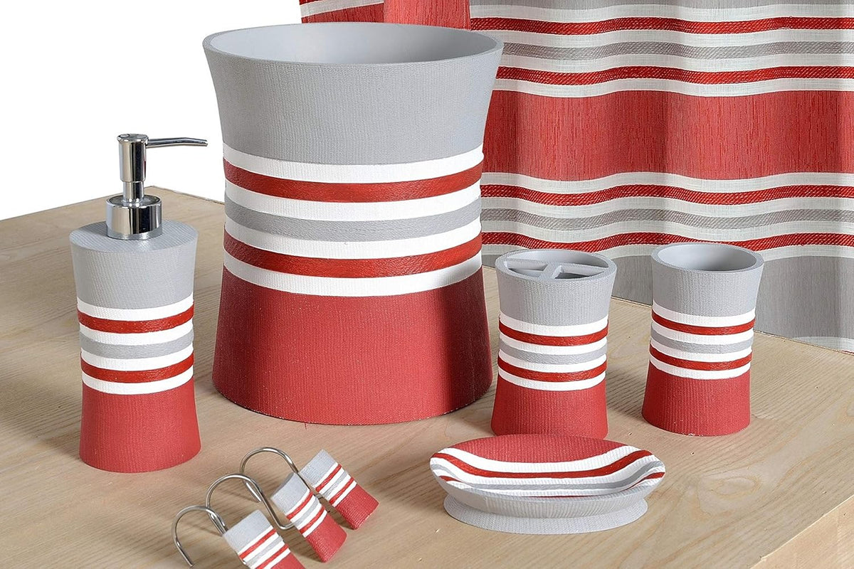 Ivanna Shower Curtain Burgundy — bold red and grey horizontal stripe woven fabric with matching accessories on wood surface