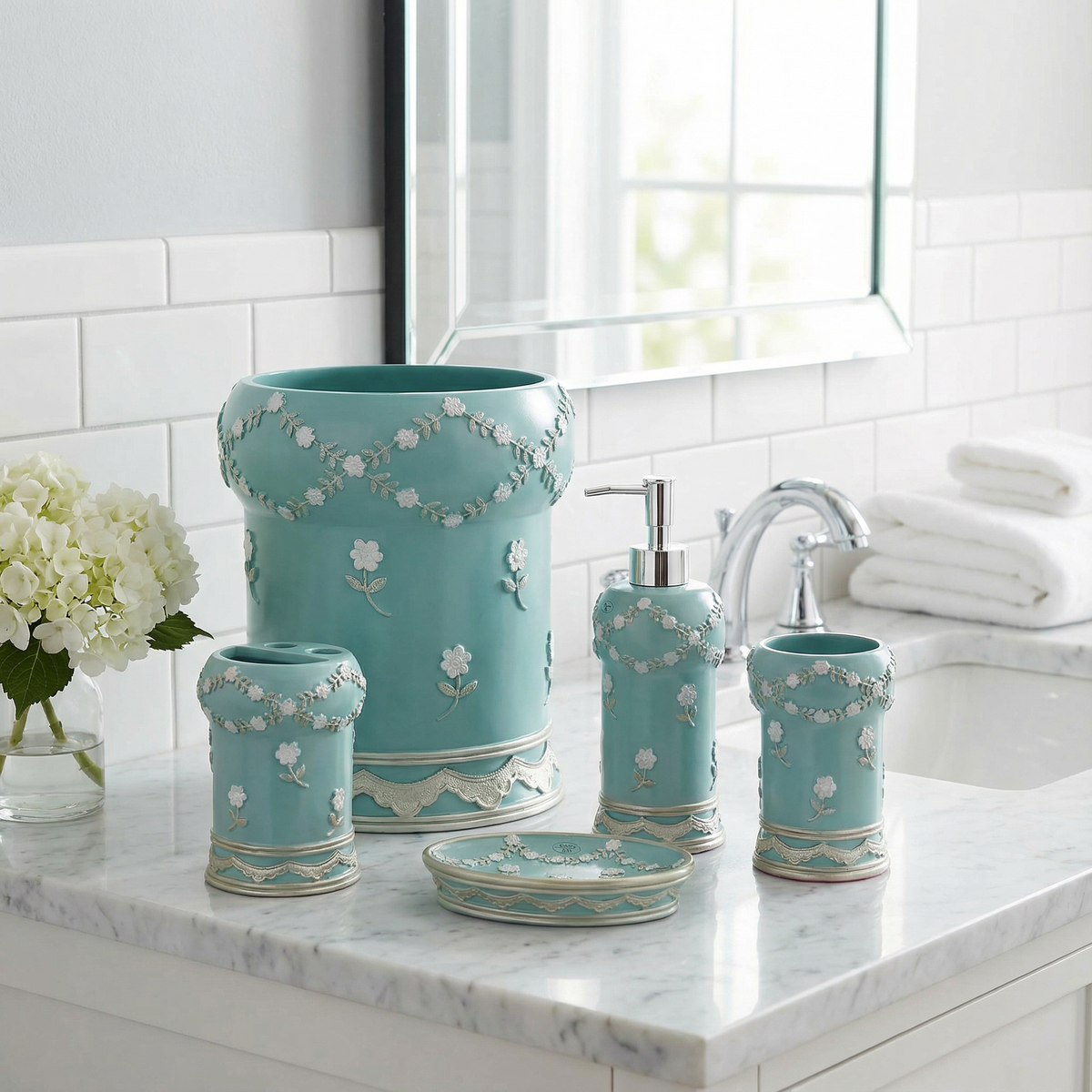 Maya 5-Piece Bath Accessories Set — Embroidered Floral Garland Luxury Ceramic Vanity Collection