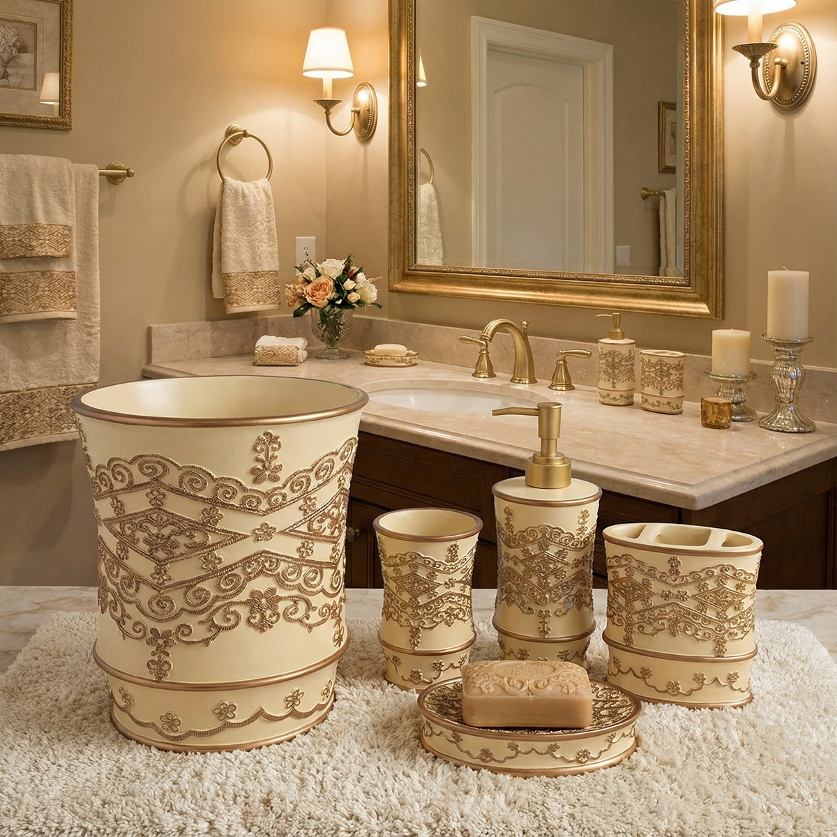 Vivian Beige accessories set styled in bathroom — baroque gold embossed waste basket, toothbrush holder, tumbler, lotion dispenser and soap dish on vanity