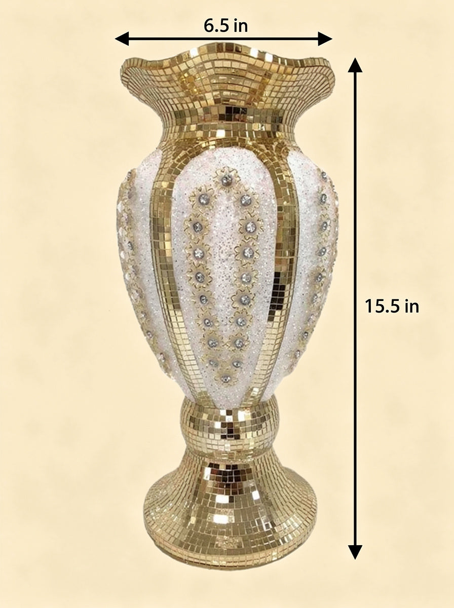 Imperial Gold Mosaic Vase with dimensions — 15.5 inch height and 6.5 inch opening shown with measurement arrows on beige background, displaying gold mirror mosaic tile cladding and pearl crystal gem floral panels