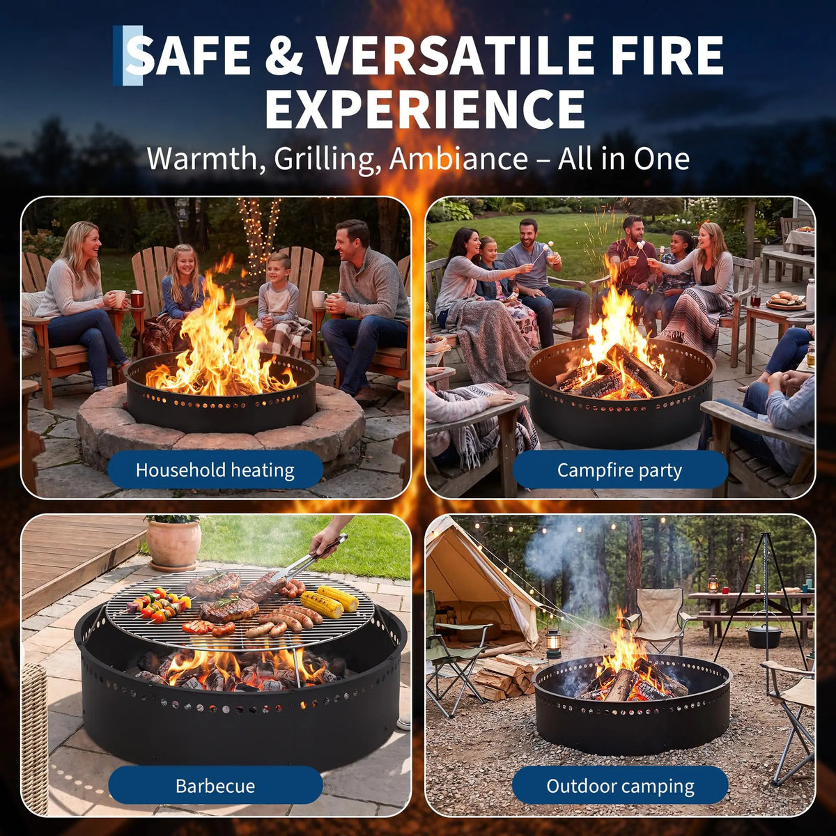 42in Smokeless Fire Pit Ring, Heavy Duty Steel Wood Burning Fire Pit Insert With Mesh Airflow For Patio, Backyard, Camping & DIY Pit Use