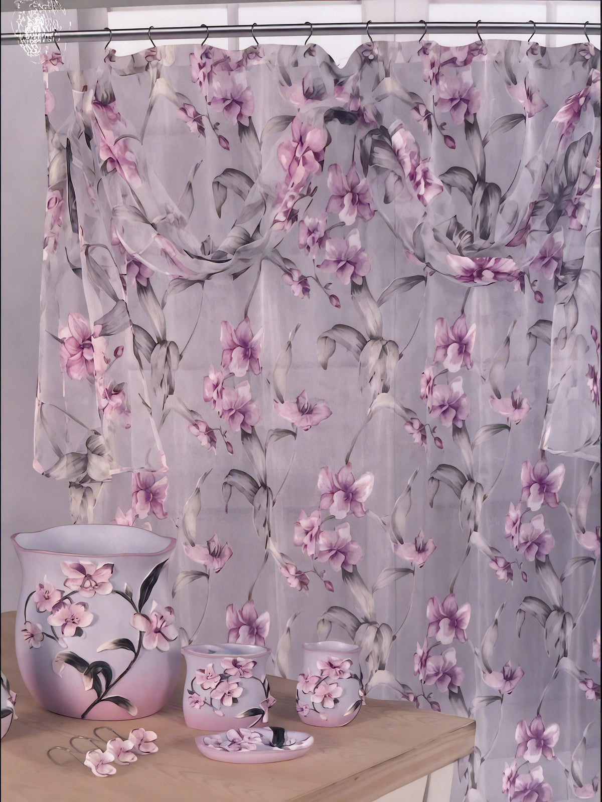 Lily Purple shower curtain — silver-grey fabric with all-over lavender and purple orchid watercolor print, gathered valance top and orchid hooks, with matching accessories below