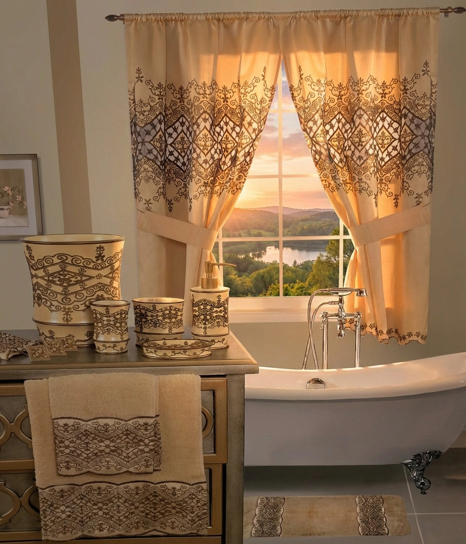 Vivian Beige Window Curtain — Baroque Gold Lace Embroidered Luxury Panel