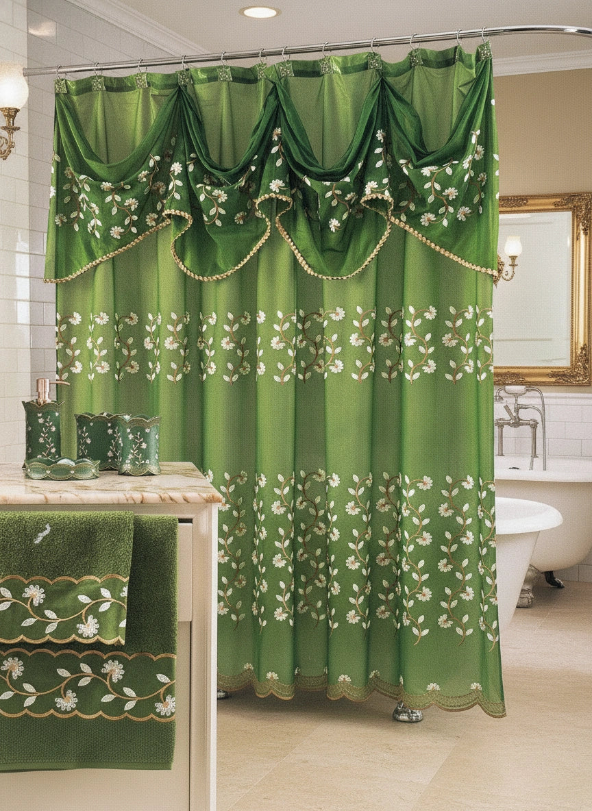 Chateau Green window curtain and accessories — sage green draped curtains with gold hardware in marble bathroom with freestanding tub