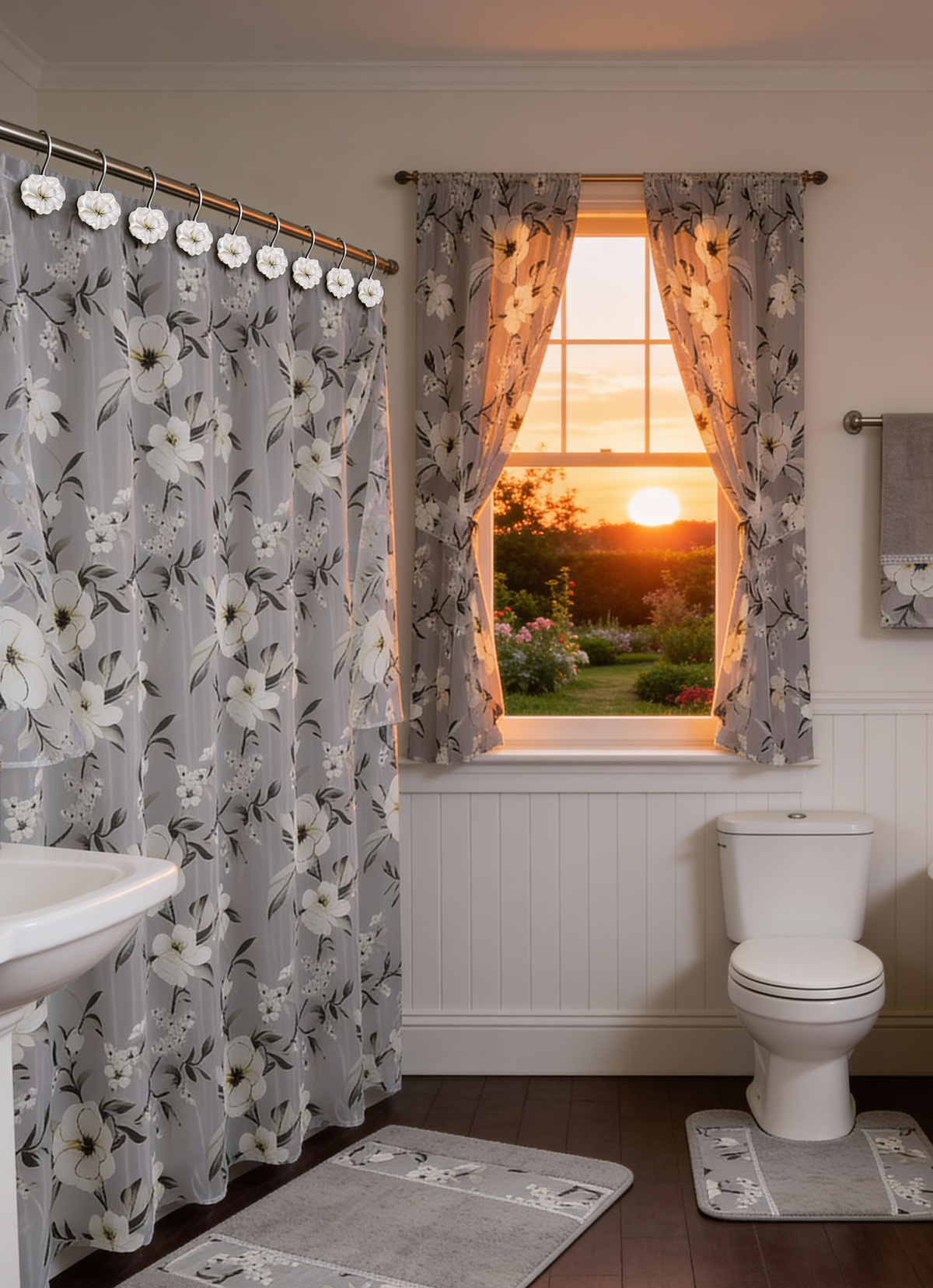 Melrose Shower Curtain — Botanical Floral Embroidered Sheer Luxury Panel with Cherry Blossom Motif