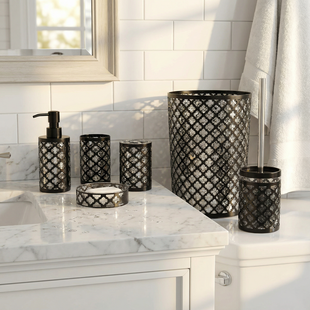 Geneva Bathroom Set in Black with smoky crystal accents — full collection