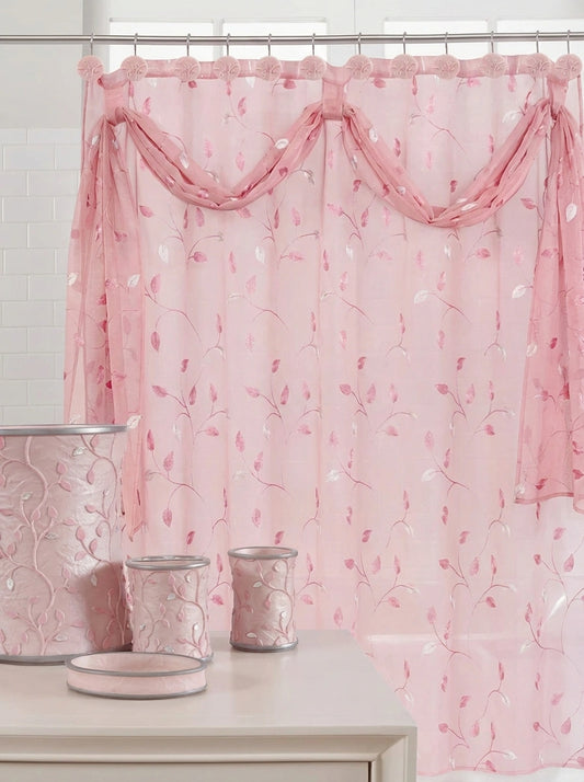 Birch Embroidered Shower Curtain — Sheer Leaf & Vine Design