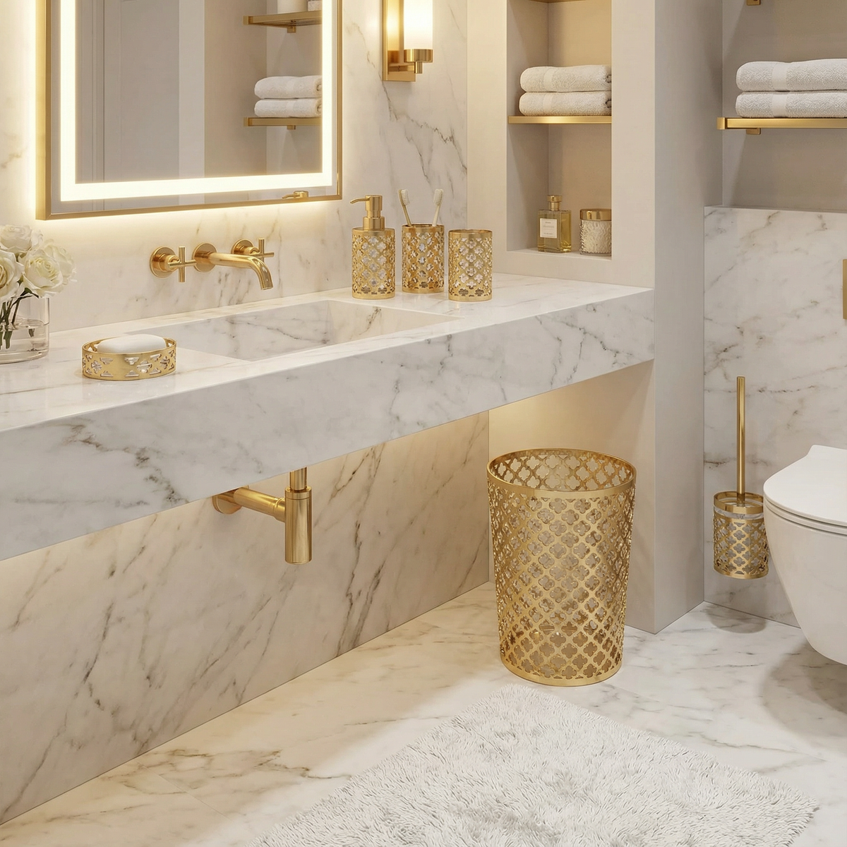 Geneva 5-Piece Bathroom Accessories Set in Gold — flat lay product shot