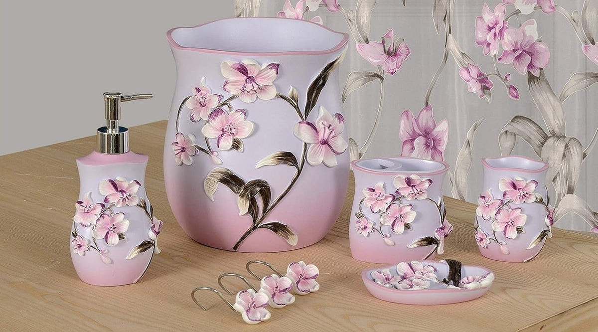 Lily Purple 5-piece bath accessories set — blush pink to white gradient resin with hand-sculpted 3D orchid blossoms in lavender and pink, all 5 pieces on wooden surface