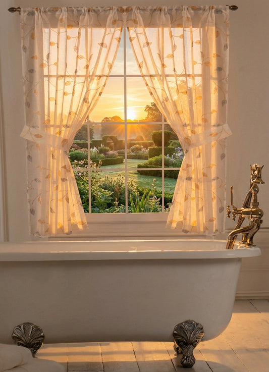Birch Ivory window curtain — sheer embroidered leaf design framing a sunlit bathroom window with garden view