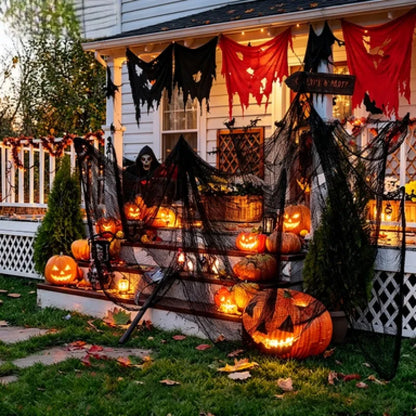 183x76cm Large Halloween Creepy Gauze Cloth Black White Gray Bloody Grid Gauze Horror Haunted House Party Indoor Outdoor Decor