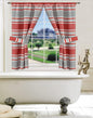 Ivanna Window Curtain Burgundy — bold red and grey horizontal stripe panel with valance and tie-backs at bathroom window above clawfoot tub in warm golden light