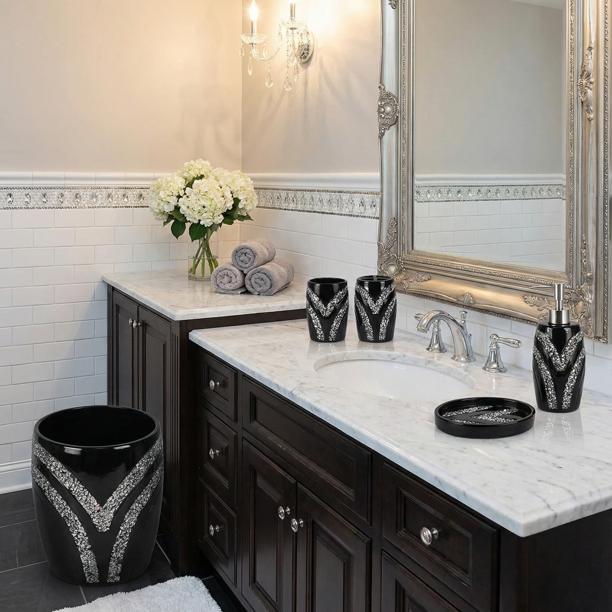 Sinatra Complete Bathroom Bundle — Full 10-Piece V-Chevron Mosaic Sequin Glamour Collection