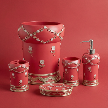Maya 5-Piece Bath Accessories Set — Embroidered Floral Garland Luxury Ceramic Vanity Collection