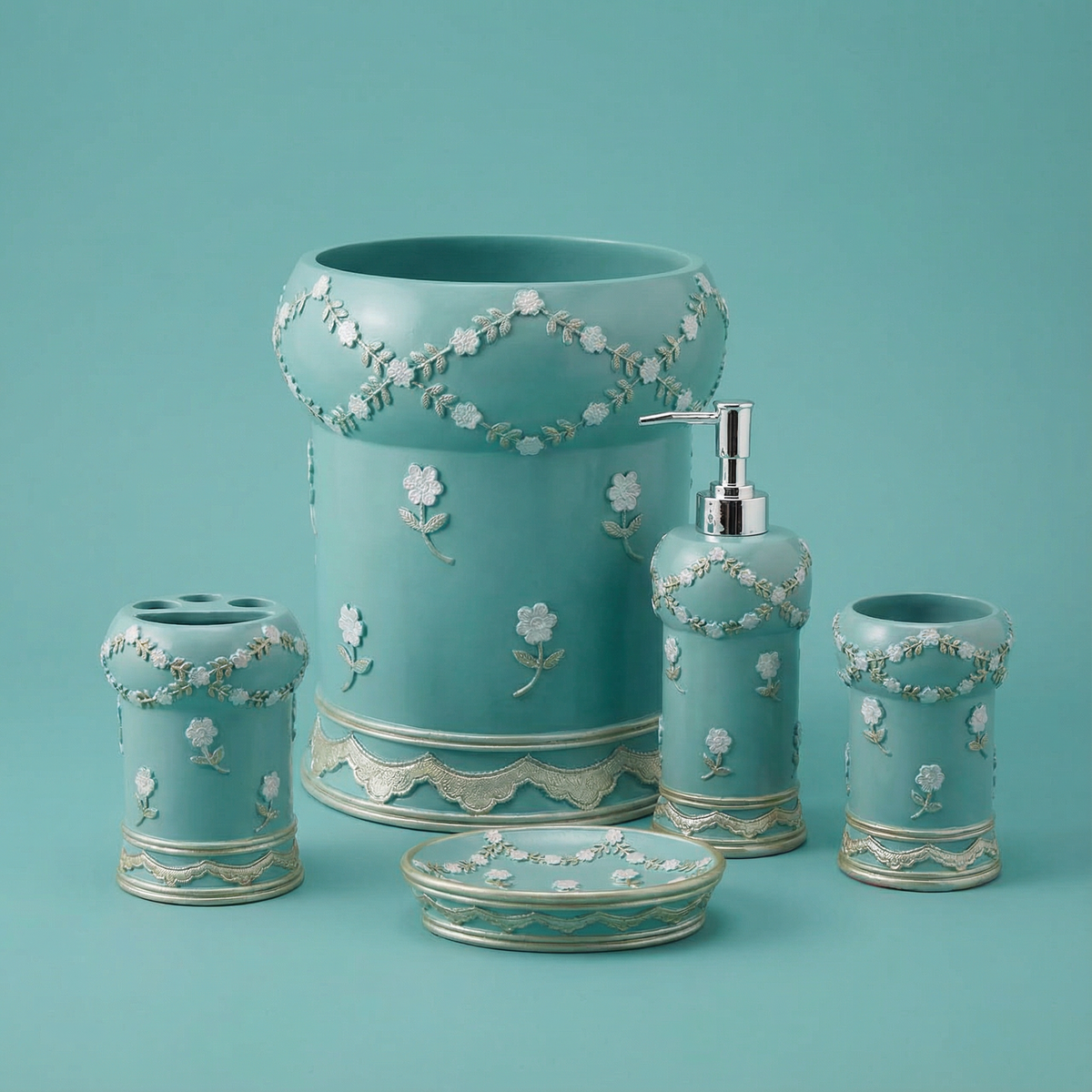 Maya 5-Piece Bath Accessories Set — Embroidered Floral Garland Luxury Ceramic Vanity Collection