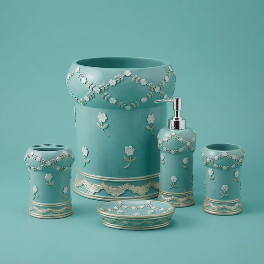 Maya 5-Piece Bath Accessories Set — Embroidered Floral Garland Luxury Ceramic Vanity Collection