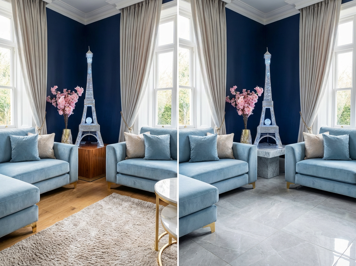 Crystal Eiffel Tower LED Floor Lamp in two living room settings — 62 inch crystal lattice tower glowing blue-white against navy walls beside pink cherry blossom arrangements and light blue velvet sectional sofas