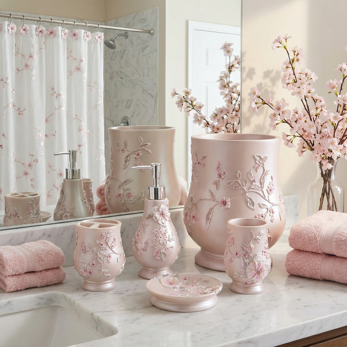 Melrose Grey accessories set lifestyle — 5-piece raised botanical resin vanity set on marble counter in bright white bathroom beside chrome faucet and stacked grey towels