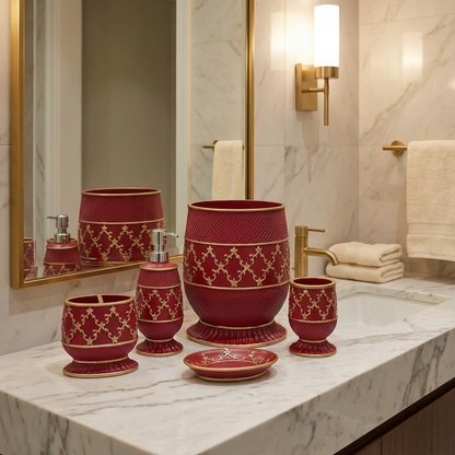 Cassandra Red 5-piece bath accessories set — deep crimson resin with embossed gold trellis, styled on marble vanity with towels
