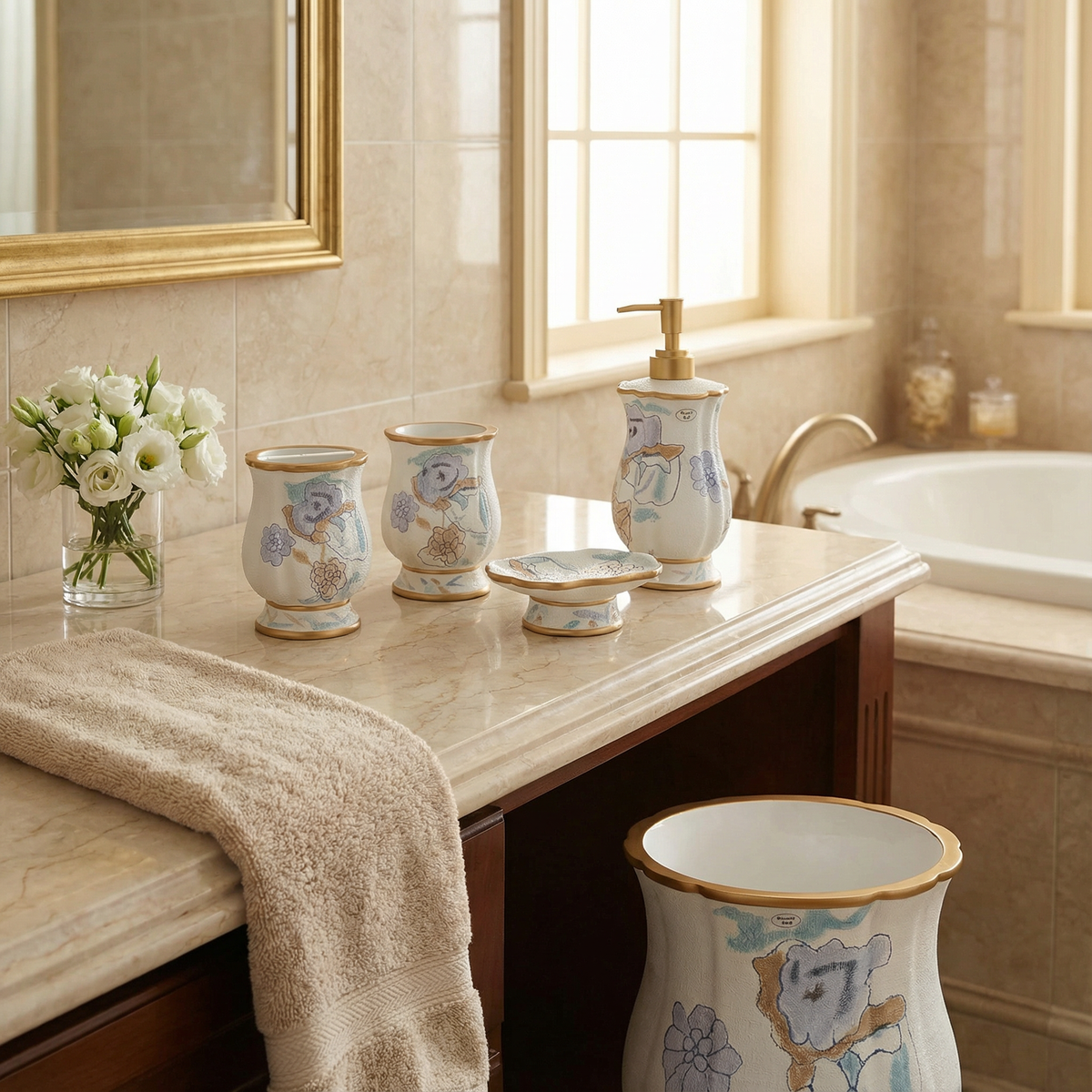 Judy accessories set Gold — all 5 golden floral ceramic pieces with gold rim styled on marble vanity with gold-tone dispenser pump in warm luxury bathroom