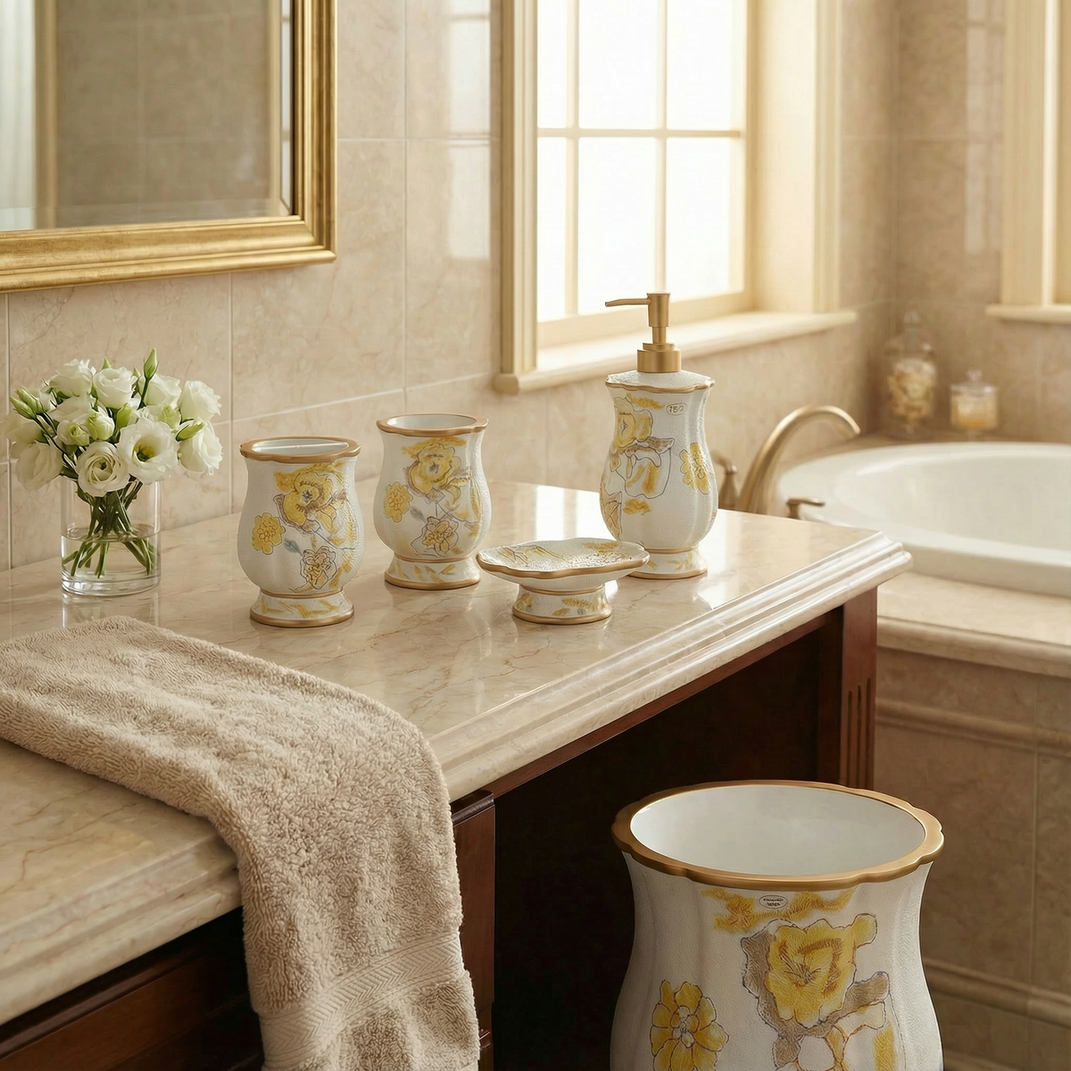 Judy Window Curtain Gold — warm golden botanical floral rod-pocket panel with valance and tie-backs at bathroom window above clawfoot tub framing sunset view