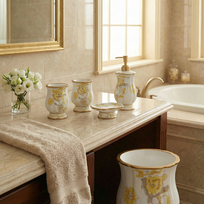 Judy Window Curtain Gold — warm golden botanical floral rod-pocket panel with valance and tie-backs at bathroom window above clawfoot tub framing sunset view