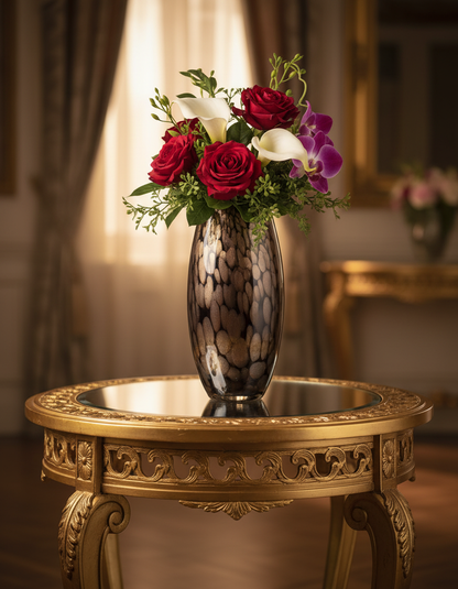 Smoke Gold Pebble Art Glass Vase lifestyle — charcoal and gold pebble hand-blown vase with deep red roses, white calla lilies and purple orchids on gilded Louis XV side table in warm candlelit Parisian salon interior