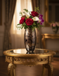 Smoke Gold Pebble Art Glass Vase lifestyle — charcoal and gold pebble hand-blown vase with deep red roses, white calla lilies and purple orchids on gilded Louis XV side table in warm candlelit Parisian salon interior