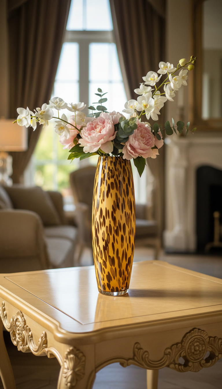Amber Leopard Tall Column Vase lifestyle — 20.5 inch hand-blown amber glass leopard spot column with blush peonies, white orchids and eucalyptus on cream and gold French baroque carved side table in warm classical English country house living room