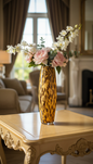 Amber Leopard Tall Column Vase lifestyle — 20.5 inch hand-blown amber glass leopard spot column with blush peonies, white orchids and eucalyptus on cream and gold French baroque carved side table in warm classical English country house living room