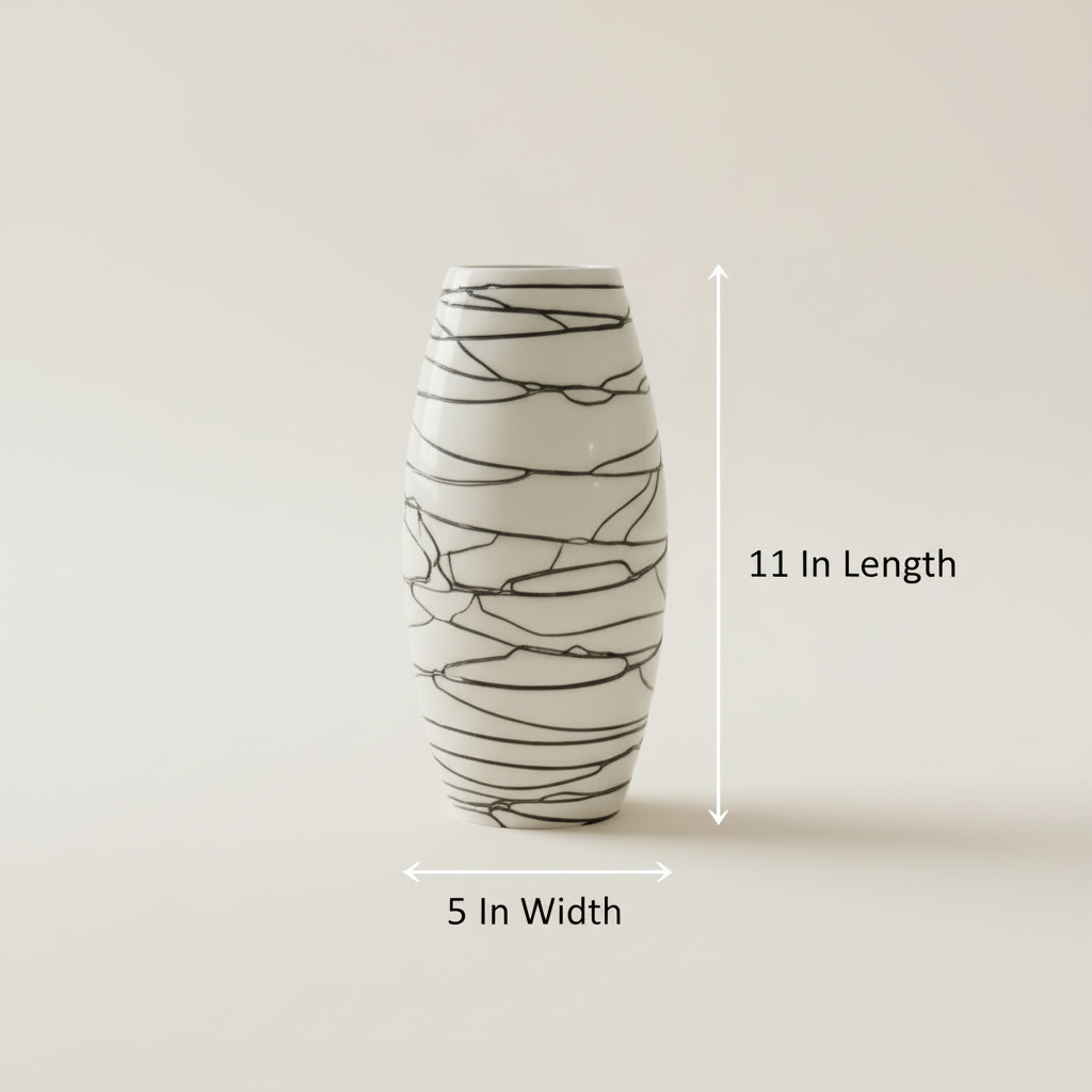White Scribble Line Art Vase with dimensions — 11 inch height and 5 inch width shown on light beige background, satin white barrel-oval with all-over freehand abstract black scribble line pattern
