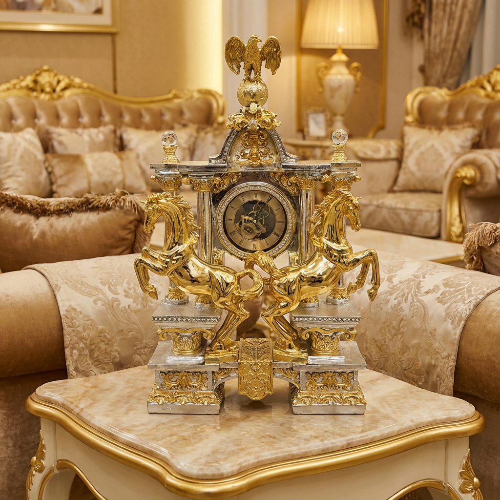 Imperial Gold & Silver Four Horses Mantel Clock lifestyle — 25 inch gold and silver imperial mantel clock with four rearing stallions and eagle crown on gilded baroque marble side table in cream and gold Louis XV upholstered luxury living room