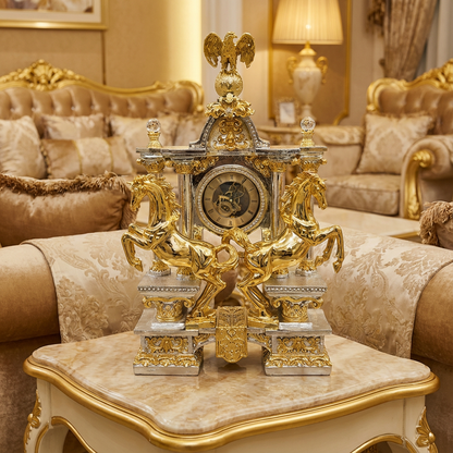 Imperial Gold & Silver Four Horses Mantel Clock lifestyle — 25 inch gold and silver imperial mantel clock with four rearing stallions and eagle crown on gilded baroque marble side table in cream and gold Louis XV upholstered luxury living room