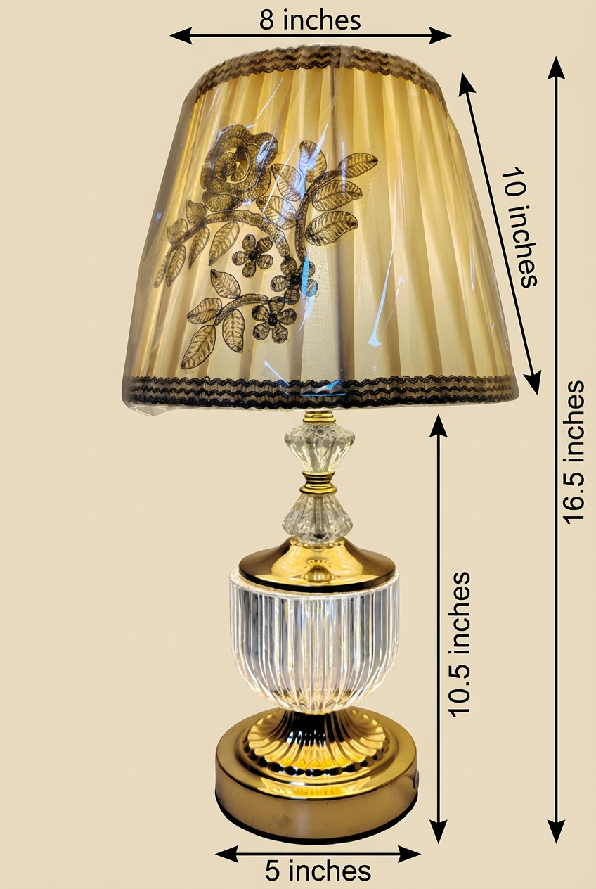 Crystal Gold Rose Boudoir Table Lamp with dimensions — 26.5 inch total height with 10 inch champagne gold embroidered rose shade and 16.5 inch crystal urn base column, 8 inch shade width and 5 inch base on beige background