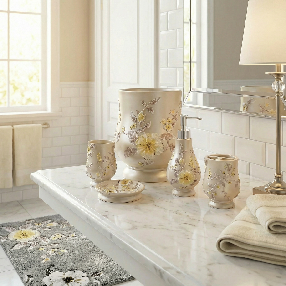 Melrose Grey accessories set — 5-piece raised botanical vine pearl-silver resin vanity collection on marble counter showing waste basket, lotion dispenser, tumbler, toothbrush holder and soap dish
