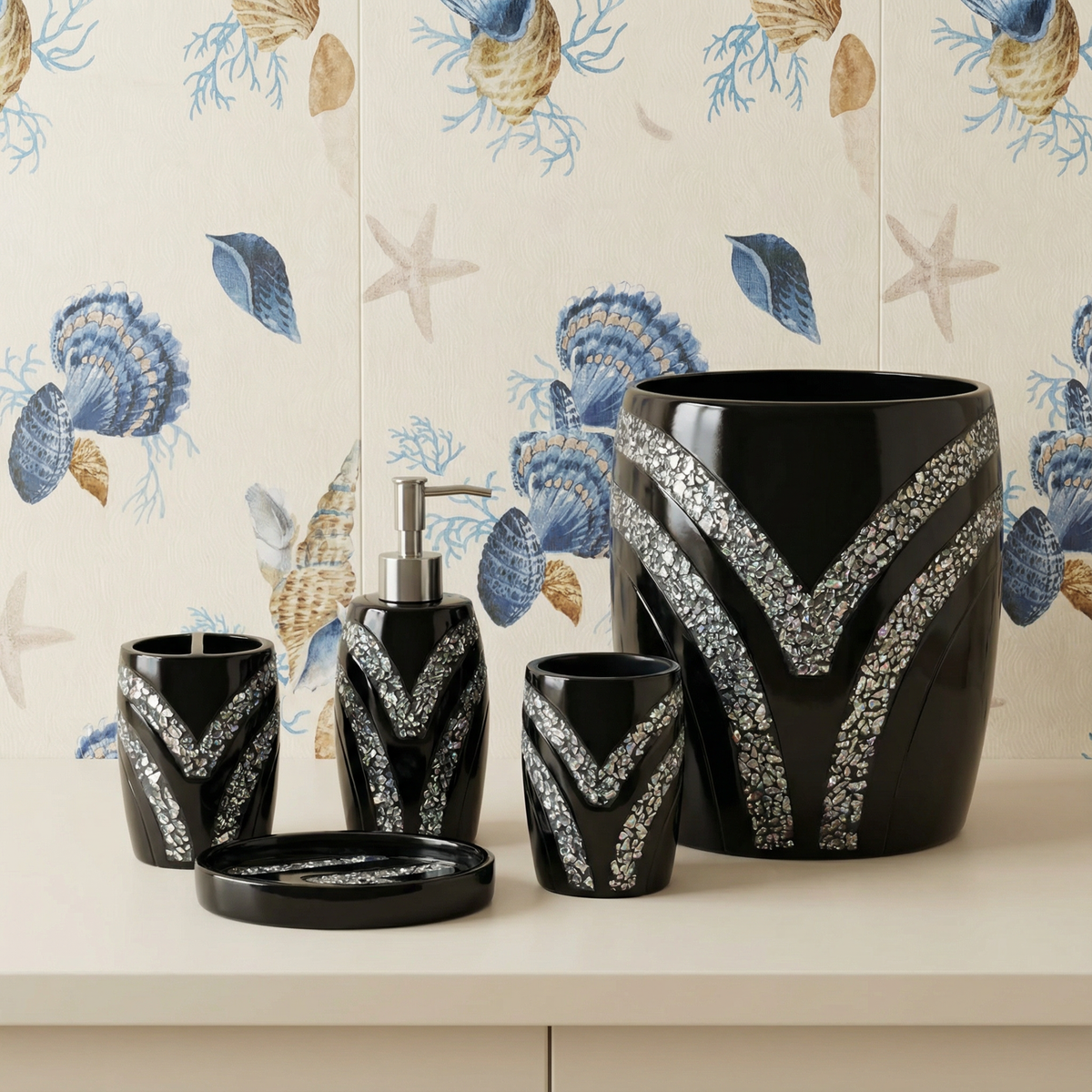Sinatra Black accessories set — 5-piece V-chevron crushed crystal mosaic deep gloss black resin vanity collection: waste basket, toothbrush holder, tumbler, lotion dispenser and soap dish