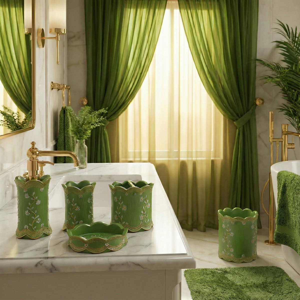 Chateau Green accessories set — waste basket, toothbrush holder, tumbler, lotion dispenser and soap dish in sage green on marble countertop