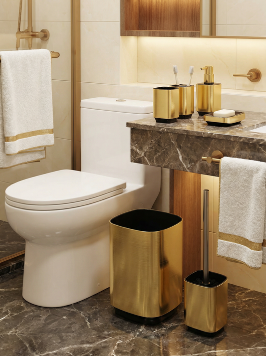 Regency Bathroom Accessories Set in Marble — Carrara white marble print, all 5 pieces