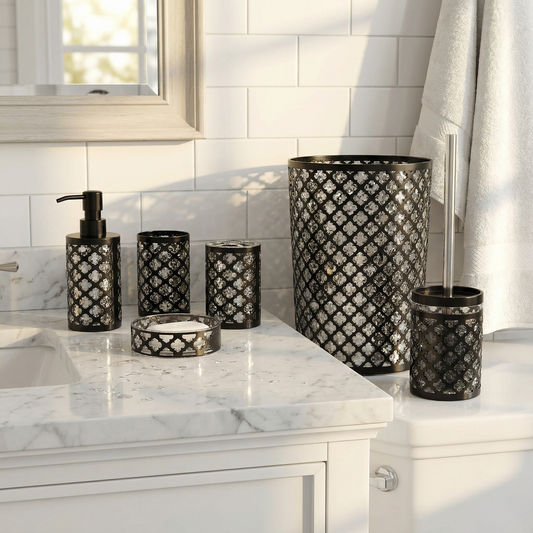 Geneva Bathroom Set in Black with smoky crystal accents — full collection