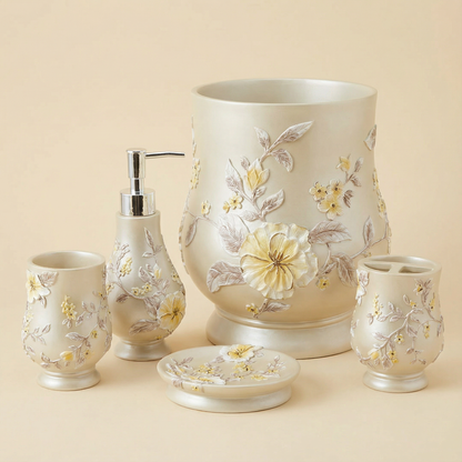 Melrose 5-Piece Bath Accessories Set — Raised Botanical Floral Sculptural Luxury Vanity Collection