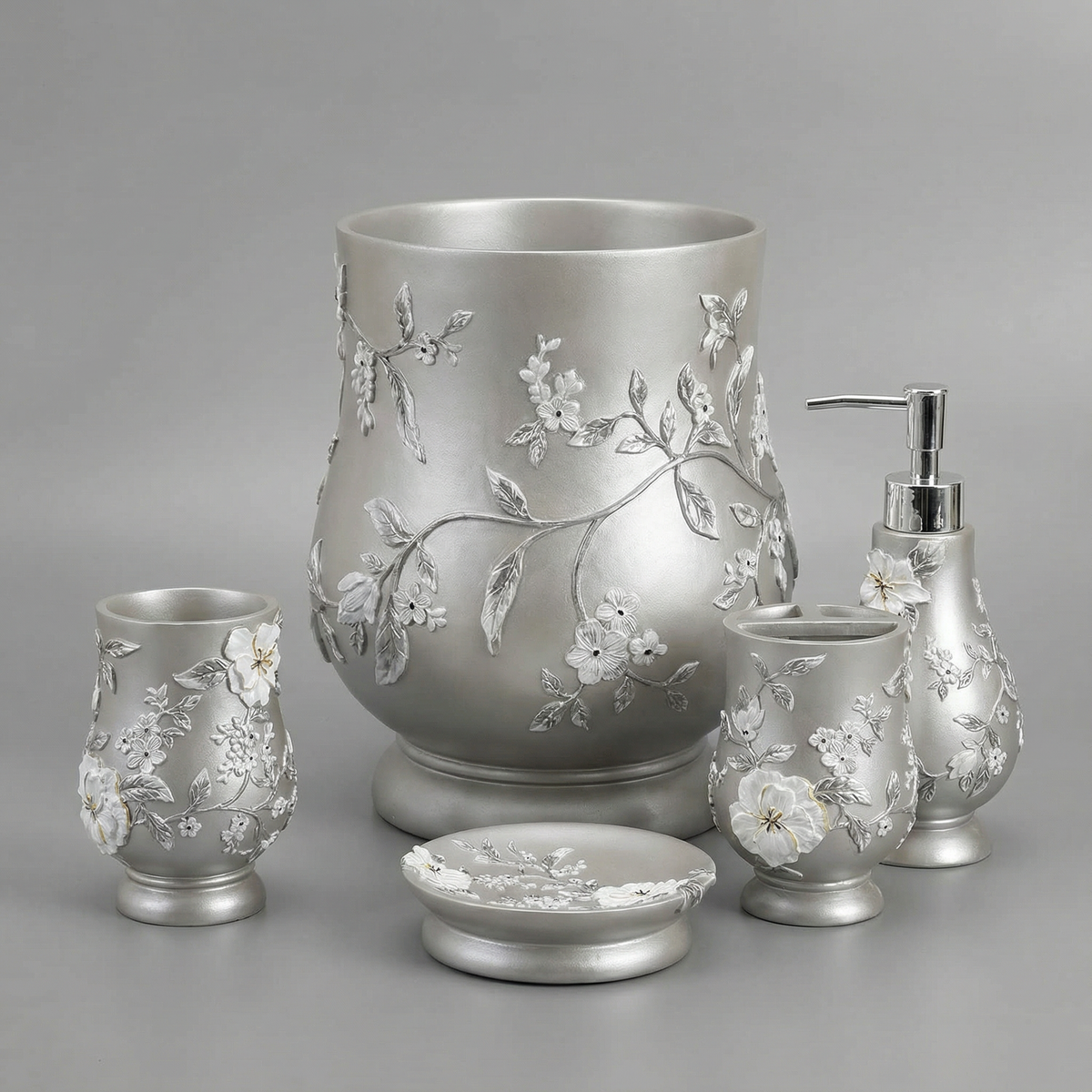 Melrose 5-Piece Bath Accessories Set — Raised Botanical Floral Sculptural Luxury Vanity Collection