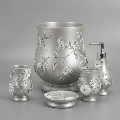 Melrose 5-Piece Bath Accessories Set — Raised Botanical Floral Sculptural Luxury Vanity Collection