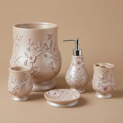 Melrose 5-Piece Bath Accessories Set — Raised Botanical Floral Sculptural Luxury Vanity Collection