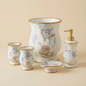 Judy accessories set Blue — 5-piece blue and grey watercolor floral ceramic vanity set with gold rim on marble counter beside white flowers and neutral towel