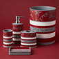 Venezia Red 5-piece bath accessories set — crimson red with white and silver bamboo stripe, all 5 pieces styled on marble vanity