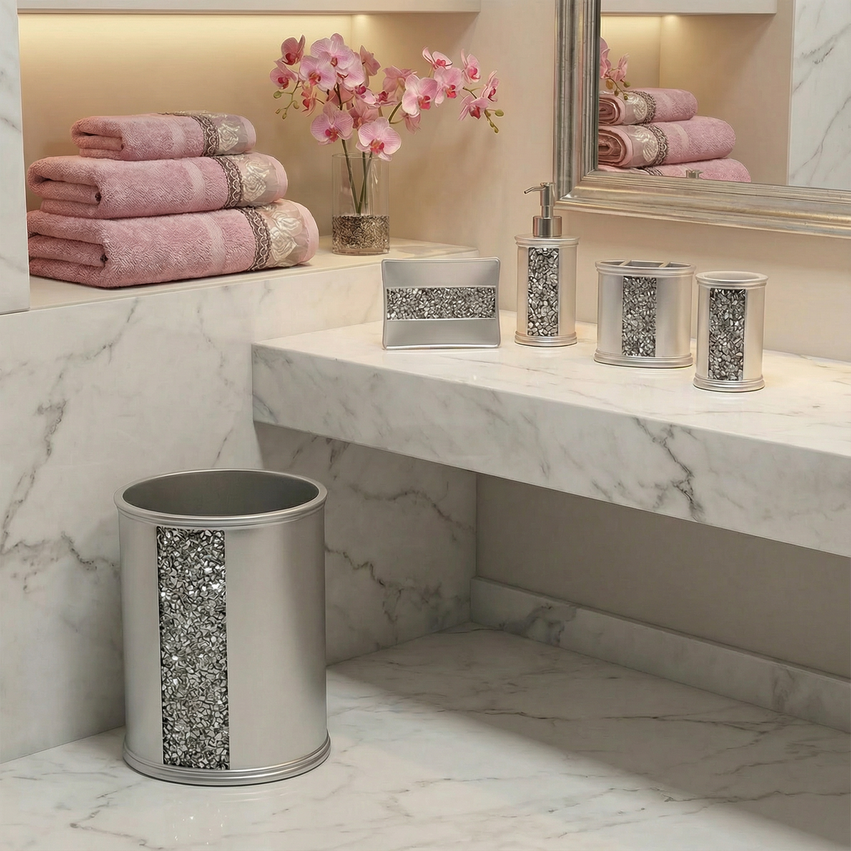 Sinatra 5-Piece Bath Accessories Set — V-Chevron Mosaic Crushed Crystal Sculptural Glamour Vanity Collection