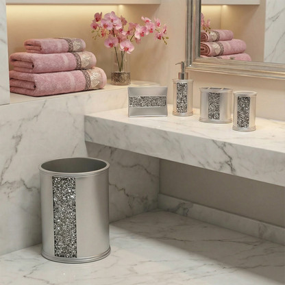 Sinatra 5-Piece Bath Accessories Set — V-Chevron Mosaic Crushed Crystal Sculptural Glamour Vanity Collection