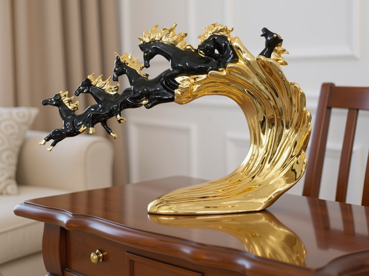 Black & Gold Five Horses Wave Sculpture lifestyle — five black and gold stallions galloping across polished gold wave on dark walnut wood desk in warm luxury living room with cream sofa and curtains