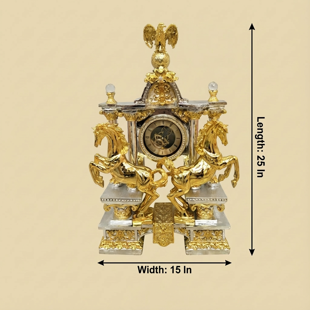 Imperial Gold & Silver Four Horses Mantel Clock with dimensions — 25 inch height and 15 inch width, four rearing gold stallions flanking skeleton dial clock with Corinthian columns, crystal finials, baroque pediment and soaring eagle crown on cream background