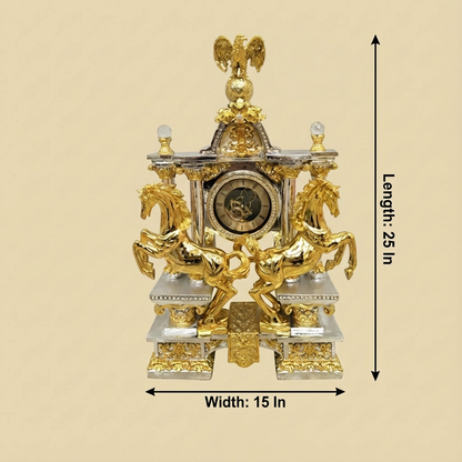 Imperial Gold & Silver Four Horses Mantel Clock with dimensions — 25 inch height and 15 inch width, four rearing gold stallions flanking skeleton dial clock with Corinthian columns, crystal finials, baroque pediment and soaring eagle crown on cream background
